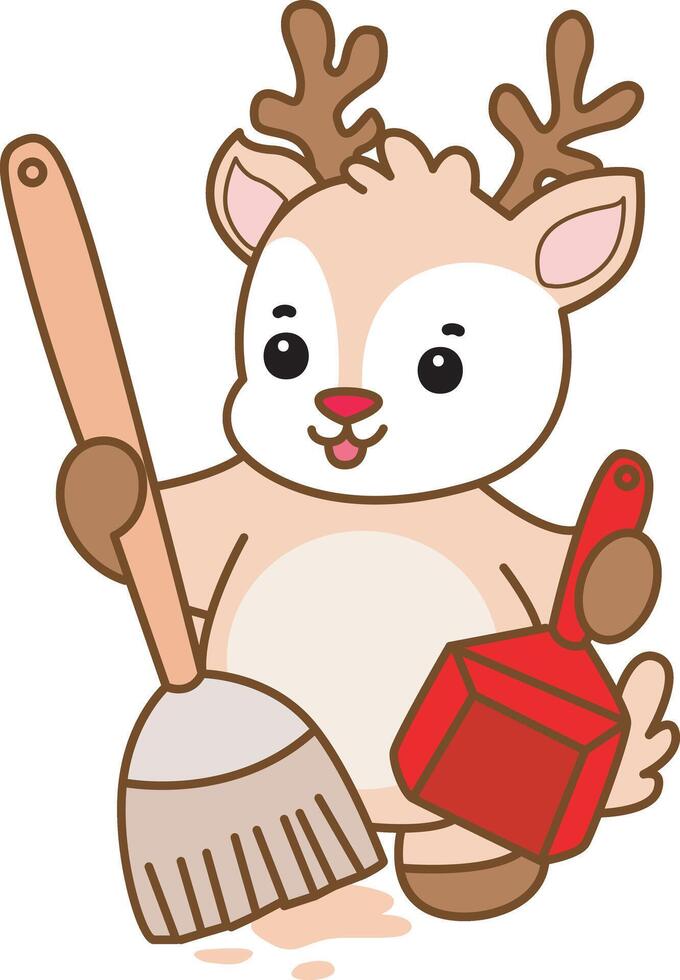 Baby deer cleaning the floor with broom and duster. Cute Deer icon. Funny baby Deer animal series stock illustration. Life of fluffy Deer designs. vector