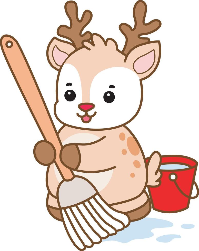 Baby deer cleaning the floor with mop and water. Cute Deer icon. Funny baby Deer animal series stock illustration. Life of fluffy Deer designs. vector