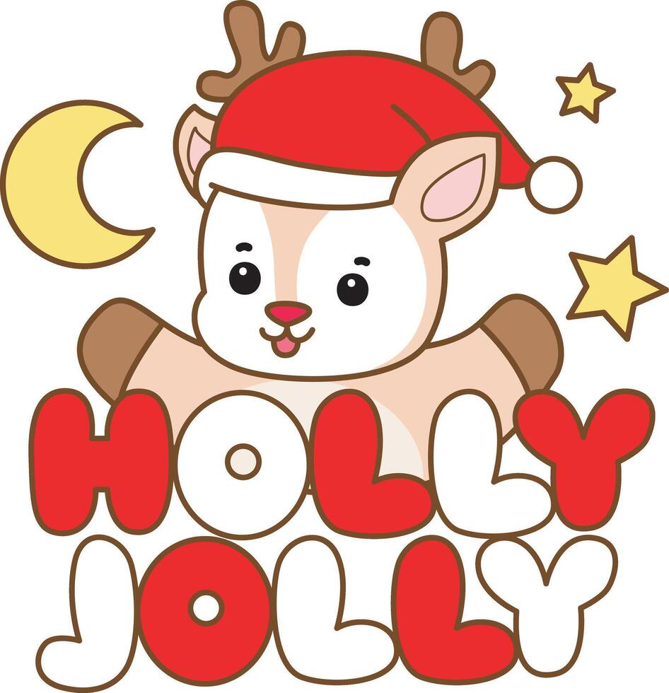 Baby santa deer in holly jolly text in christmas. Cute Deer icon. Funny baby Deer animal series stock illustration. Life of fluffy Deer designs. vector
