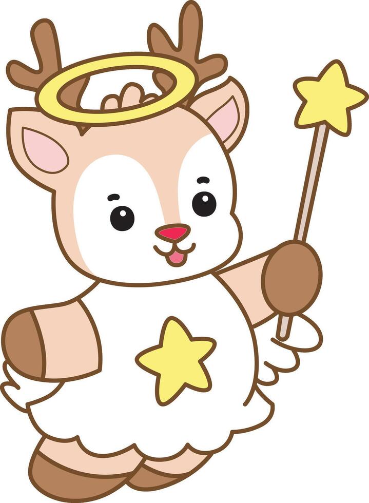 Baby deer with angel costume in christmas. Baby dwarf deer bring a gift box in christmas. Cute Deer icon. Funny baby Deer animal series stock illustration. Life of fluffy Deer designs. vector