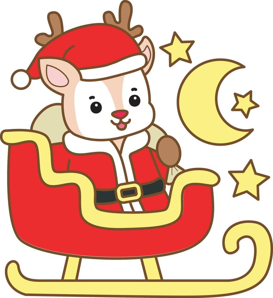 Baby santa claus riding a train in christmas. Baby dwarf deer bring a gift box in christmas. Cute Deer icon. Funny baby Deer animal series stock illustration. Life of fluffy Deer designs. vector