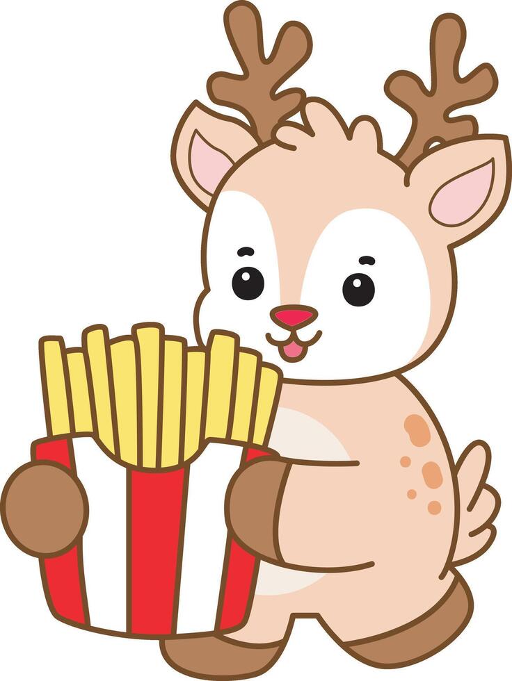 Baby deer bring a french fries. Baby dwarf deer bring a gift box in christmas. Cute Deer icon. Funny baby Deer animal series stock illustration. Life of fluffy Deer designs. vector