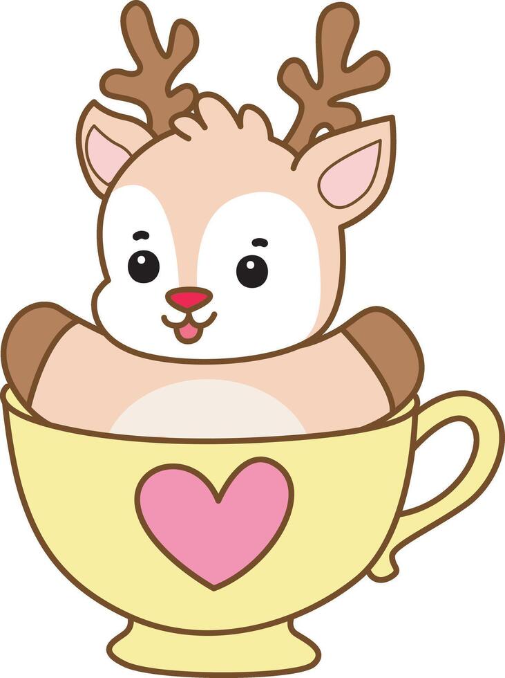 Baby deer stuck in the hot tea. Baby dwarf deer bring a gift box in christmas. Cute Deer icon. Funny baby Deer animal series stock illustration. Life of fluffy Deer designs. vector