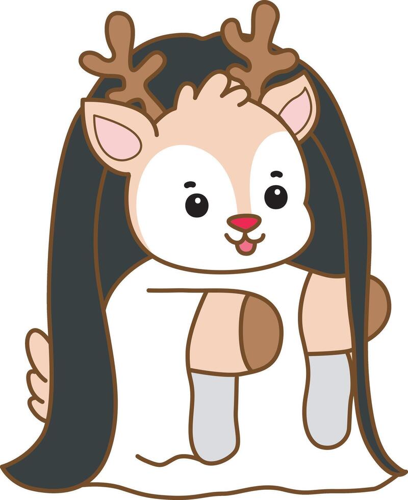 Baby deer with long hair and white ghost costume. Baby dwarf deer bring a gift box in christmas. Cute Deer icon. Funny baby Deer animal series stock illustration. Life of fluffy Deer designs. vector