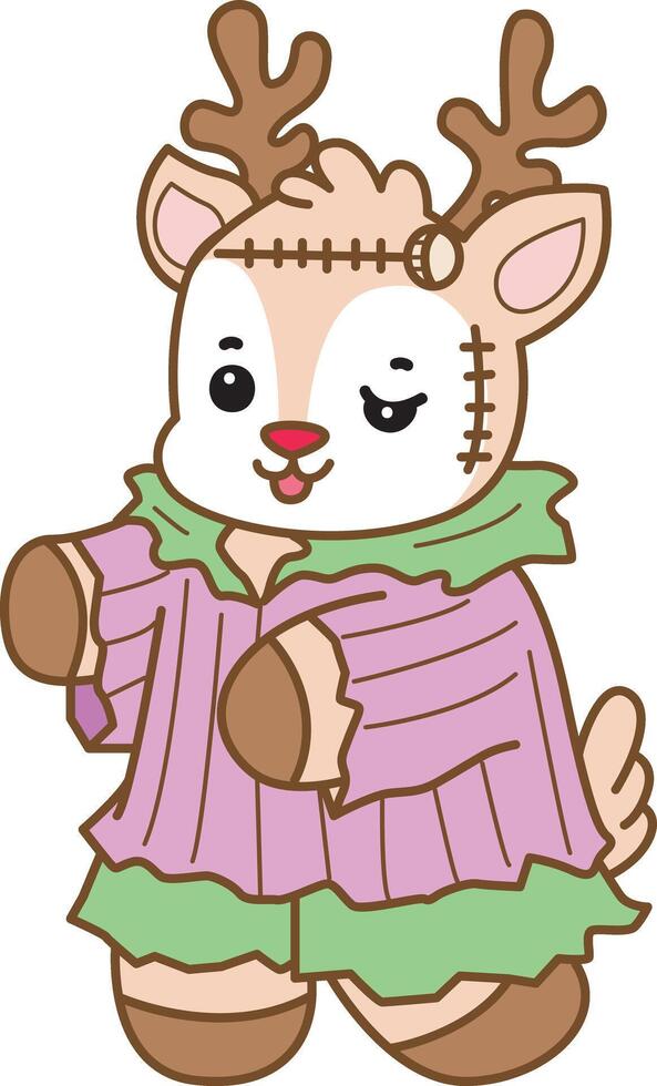 Baby deer with frankenstein costume. Baby dwarf deer bring a gift box in christmas. Cute Deer icon. Funny baby Deer animal series stock illustration. Life of fluffy Deer designs. vector