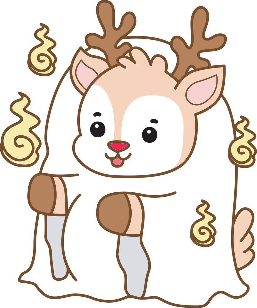Baby deer with white ghost costume. Baby dwarf deer bring a gift box in christmas. Cute Deer icon. Funny baby Deer animal series stock illustration. Life of fluffy Deer designs. vector