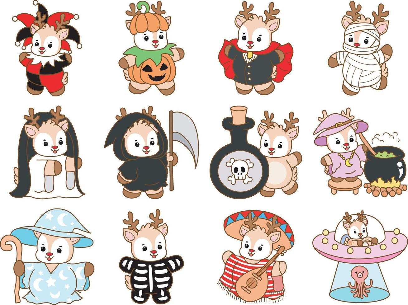 Baby deer in variation of halloween costume. Cute Deer icon. Funny baby Deer animal series stock illustration. Life of fluffy Deer designs. vector