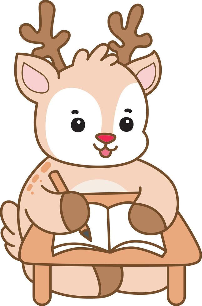 Baby deer writing in the book. Cute Deer icon. Funny baby Deer animal series stock illustration. Life of fluffy Deer designs. vector