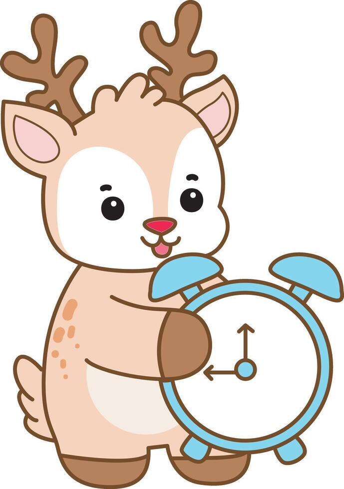Baby deer bring an alarm clock. Cute Deer icon. Funny baby Deer animal series stock illustration. Life of fluffy Deer designs. vector