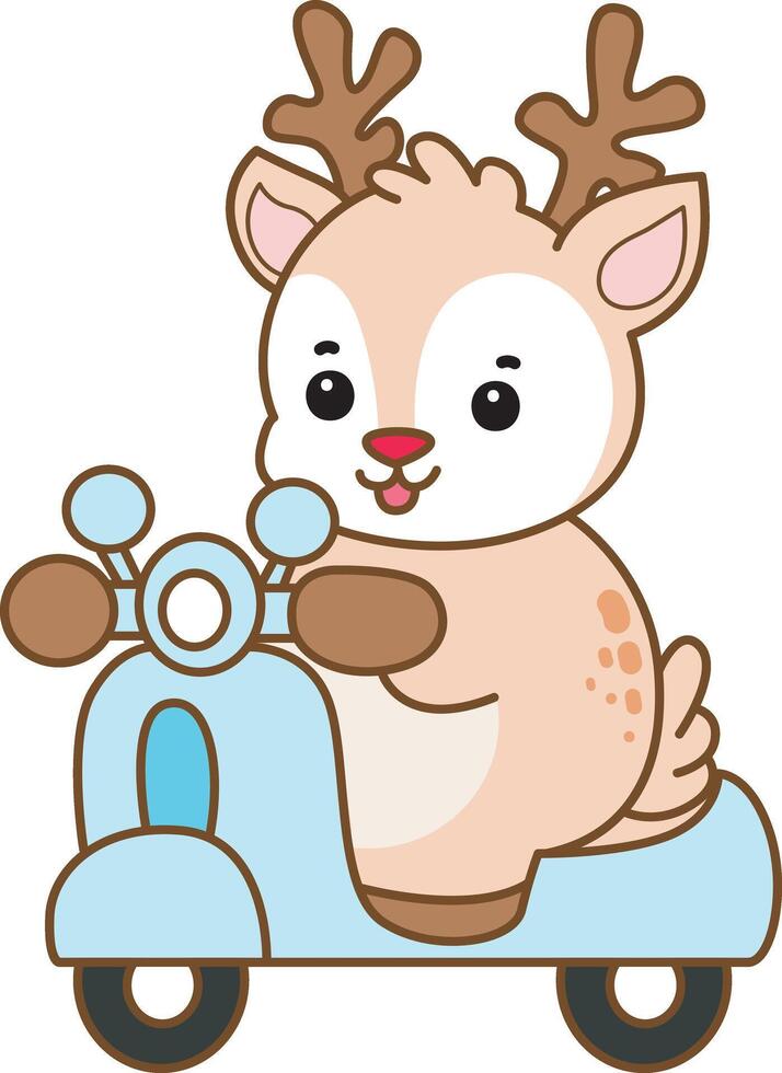 Baby deer driving a scooter. Cute Deer icon. Funny baby Deer animal series stock illustration. Life of fluffy Deer designs. vector