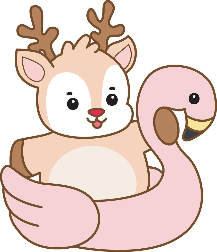 Baby deer stuck in the flamingo tire. Cute Deer icon. Funny baby Deer animal series stock illustration. Life of fluffy Deer designs. vector