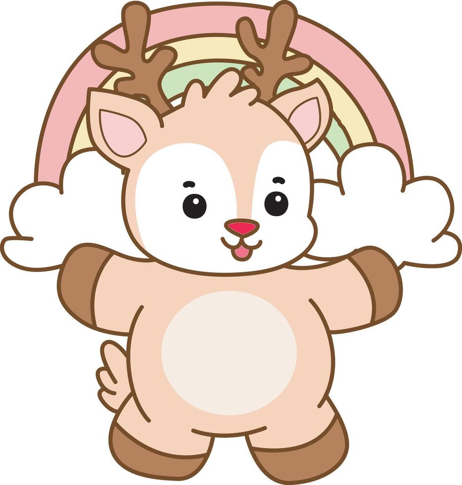 Baby deer in front of rainbow.Cute Deer icon. Funny baby Deer animal series stock illustration. Life of fluffy Deer designs. vector