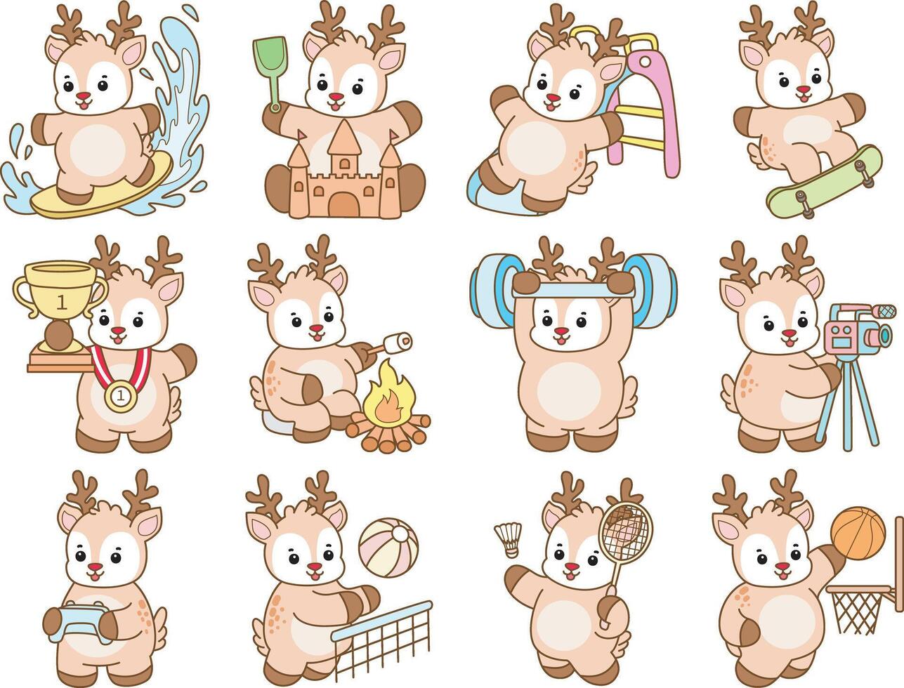 Baby deer in the variation of sport. Cute Deer icon. Funny baby Deer animal series stock illustration. Life of fluffy Deer designs. vector