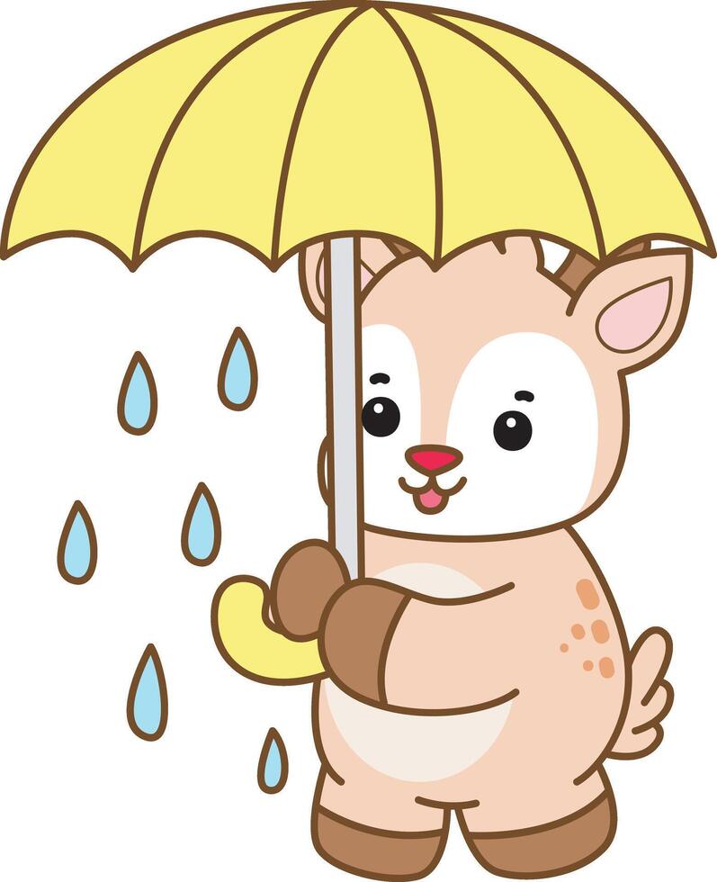 Baby deer with yellow umbrella. Cute Deer icon. Funny baby Deer animal series stock illustration. Life of fluffy Deer designs. vector
