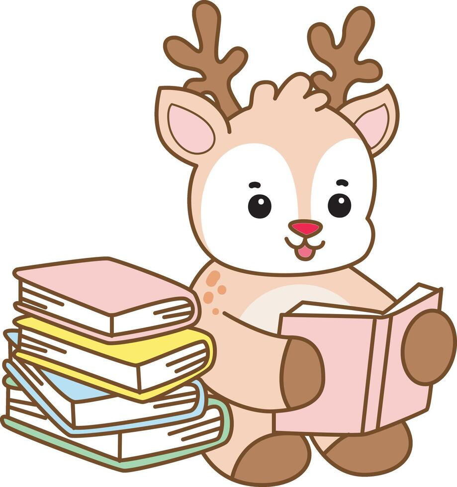 Baby deer reading a book. Cute Deer icon. Funny baby Deer animal series stock illustration. Life of fluffy Deer designs. vector