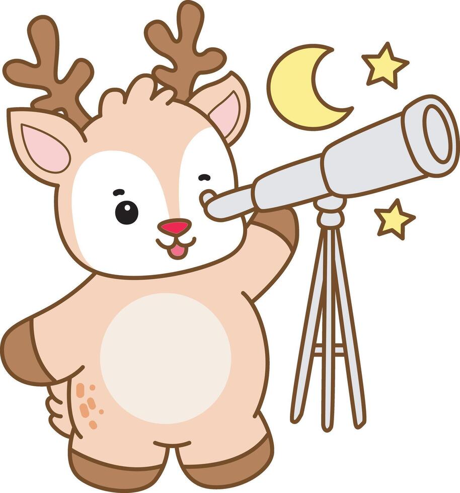Baby deer see the moon with telescope. Cute Deer icon. Funny baby Deer animal series stock illustration. Life of fluffy Deer designs. vector