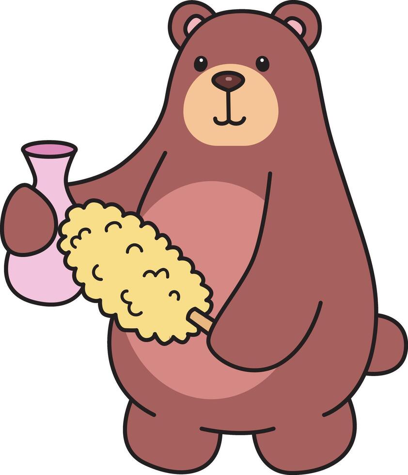 Baby bear cleaning the vase with feather duster. Illustration of cute bear icon. Funny bear in daily activities elements. vector