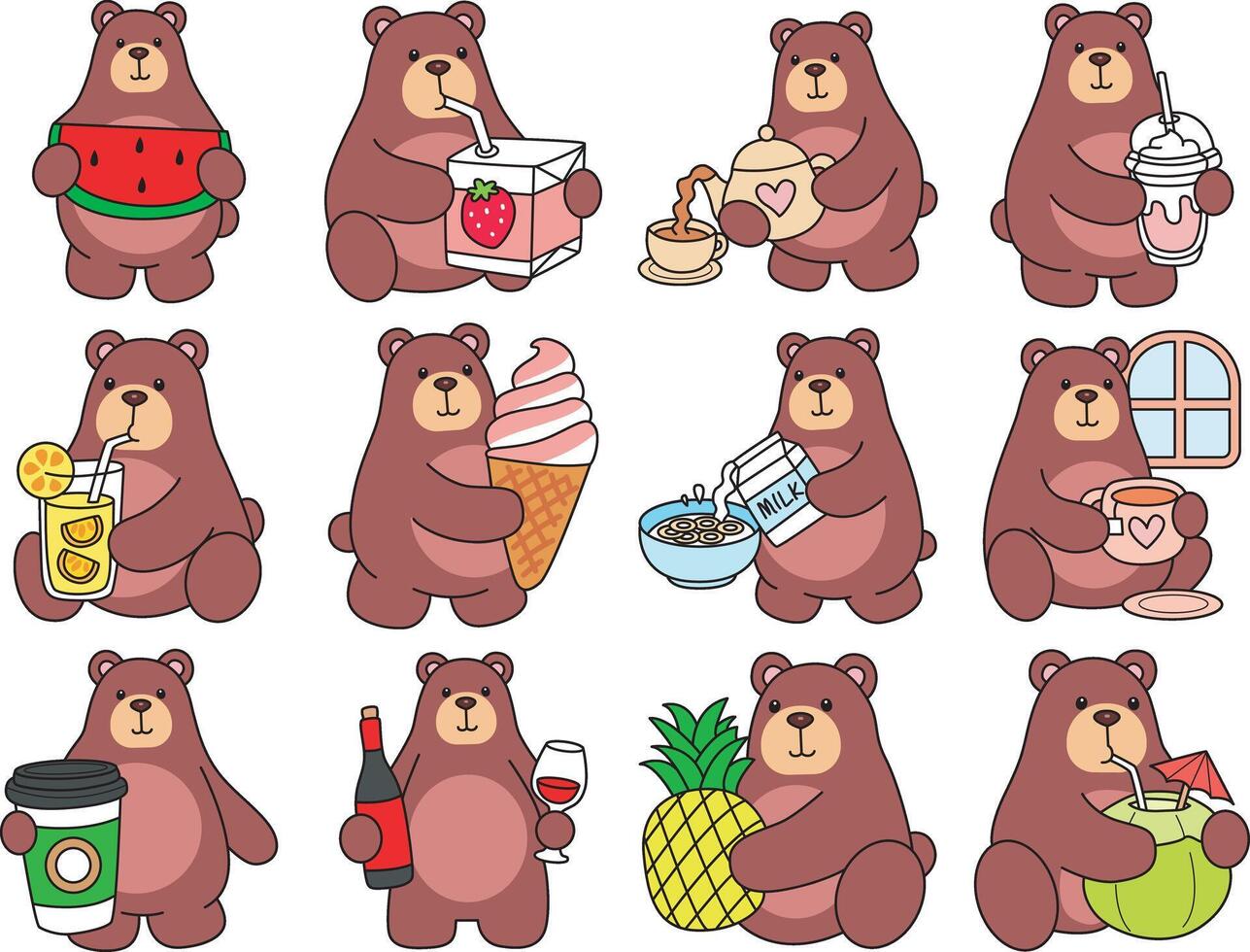 Variation of drink and beverage of baby bear. Illustration of cute bear icon. Funny bear in daily activities elements. vector