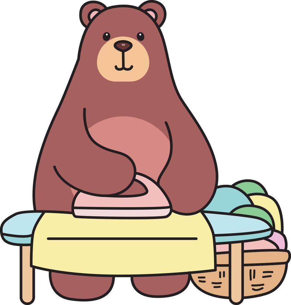 Baby bear ironing the clothes. Illustration of cute bear icon. Funny bear in daily activities elements. vector