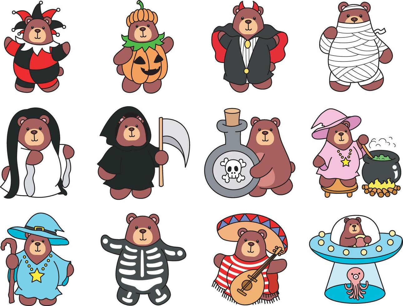Variation of halloween decoration of baby bear. Illustration of cute bear icon. Funny bear in daily activities elements. vector