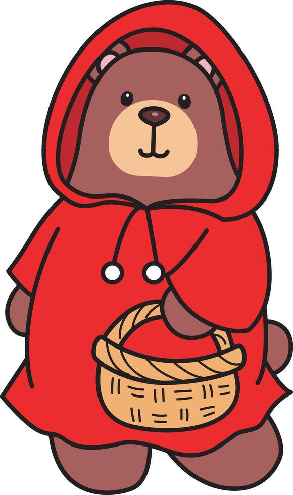 Bear wearing red riding hood costume. Illustration of cute bear icon. Funny bear in daily activities elements. vector