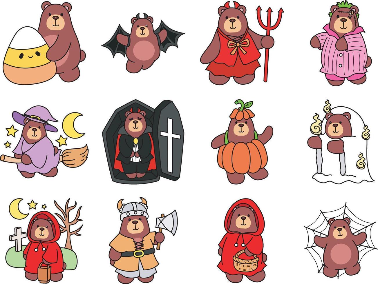 Variation of halloween bear costume. Illustration of cute bear icon. Funny bear in daily activities elements. vector