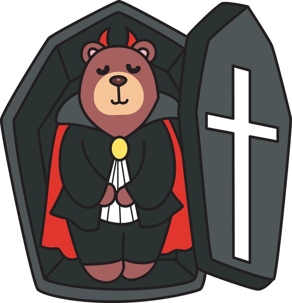 Baby bear wearing vampire costume and sleeping in the coffin in halloween. Illustration of cute bear icon. Funny bear in daily activities elements. vector