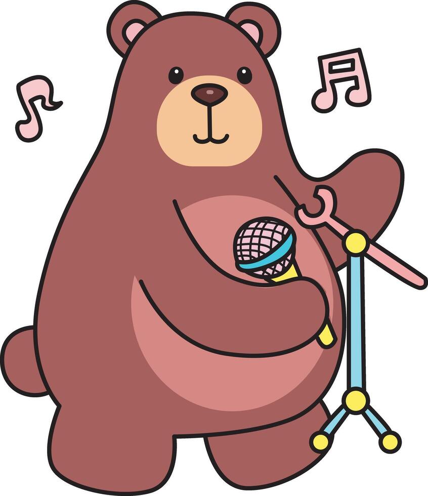 Baby bear want to sing a song with microphone. Illustration of cute bear icon. Funny bear in daily activities elements. vector