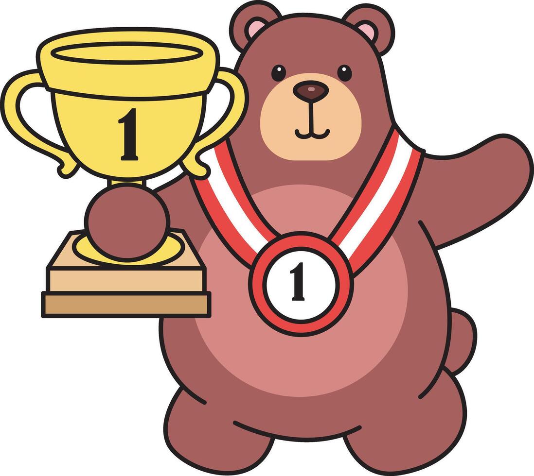 Baby bear is the winner. Illustration of cute bear icon. Funny bear in daily activities elements. vector