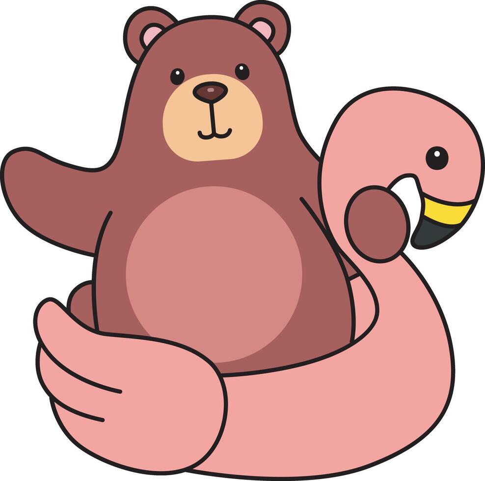 Baby bear stuck in the flamingo tire. Illustration of cute bear icon. Funny bear in daily activities elements. vector