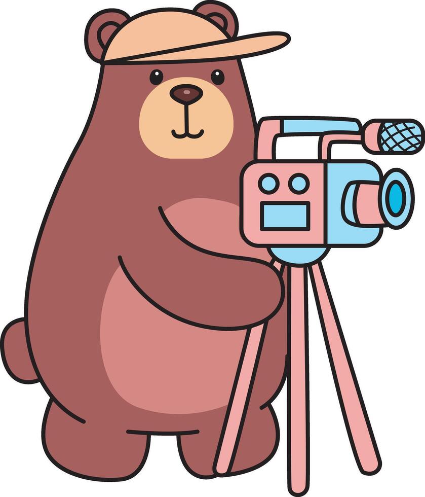 Baby bear bring a camera to making a content. Illustration of cute bear icon. Funny bear in daily activities elements. vector