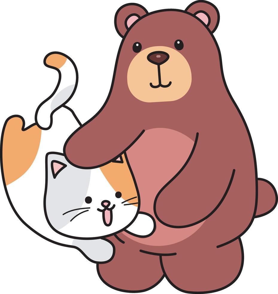 Baby bear playing with cat. Illustration of cute bear icon. Funny bear in daily activities elements. vector