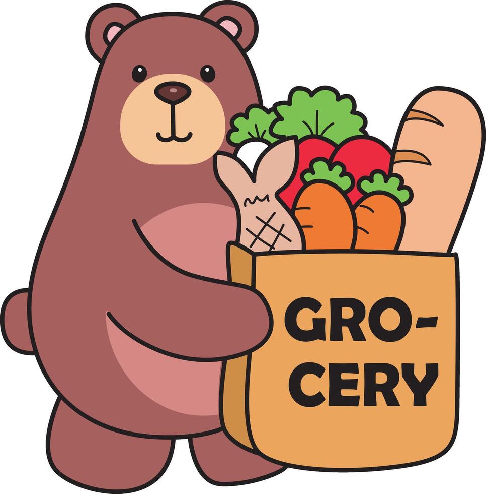Illustration of cute bear icon. Funny bear in daily activities elements. Baby bear bring a grocery bag vector