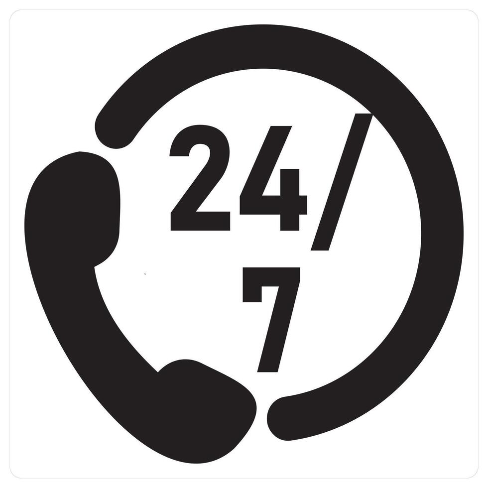24x7 Call and clock icon concept in black filled color vector