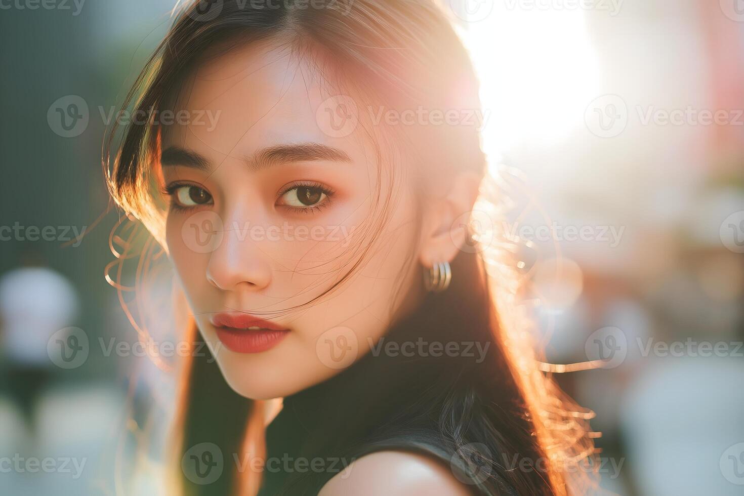A beautiful woman with long hair and a black top photo