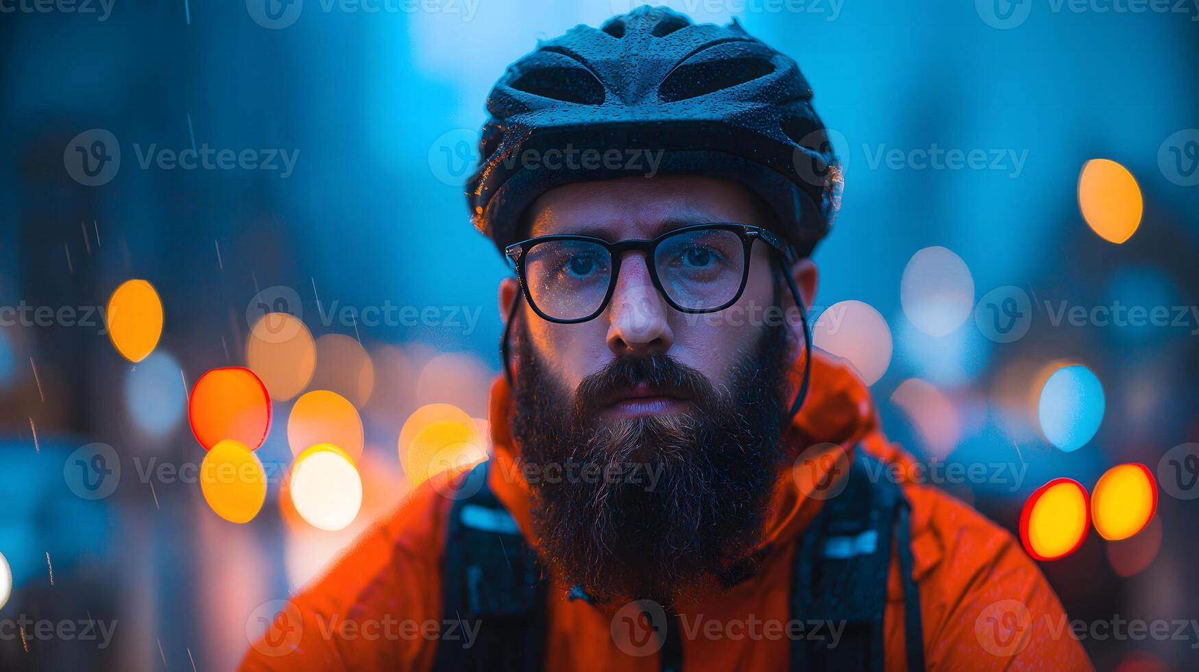 A man with a beard and glasses on in the rain photo