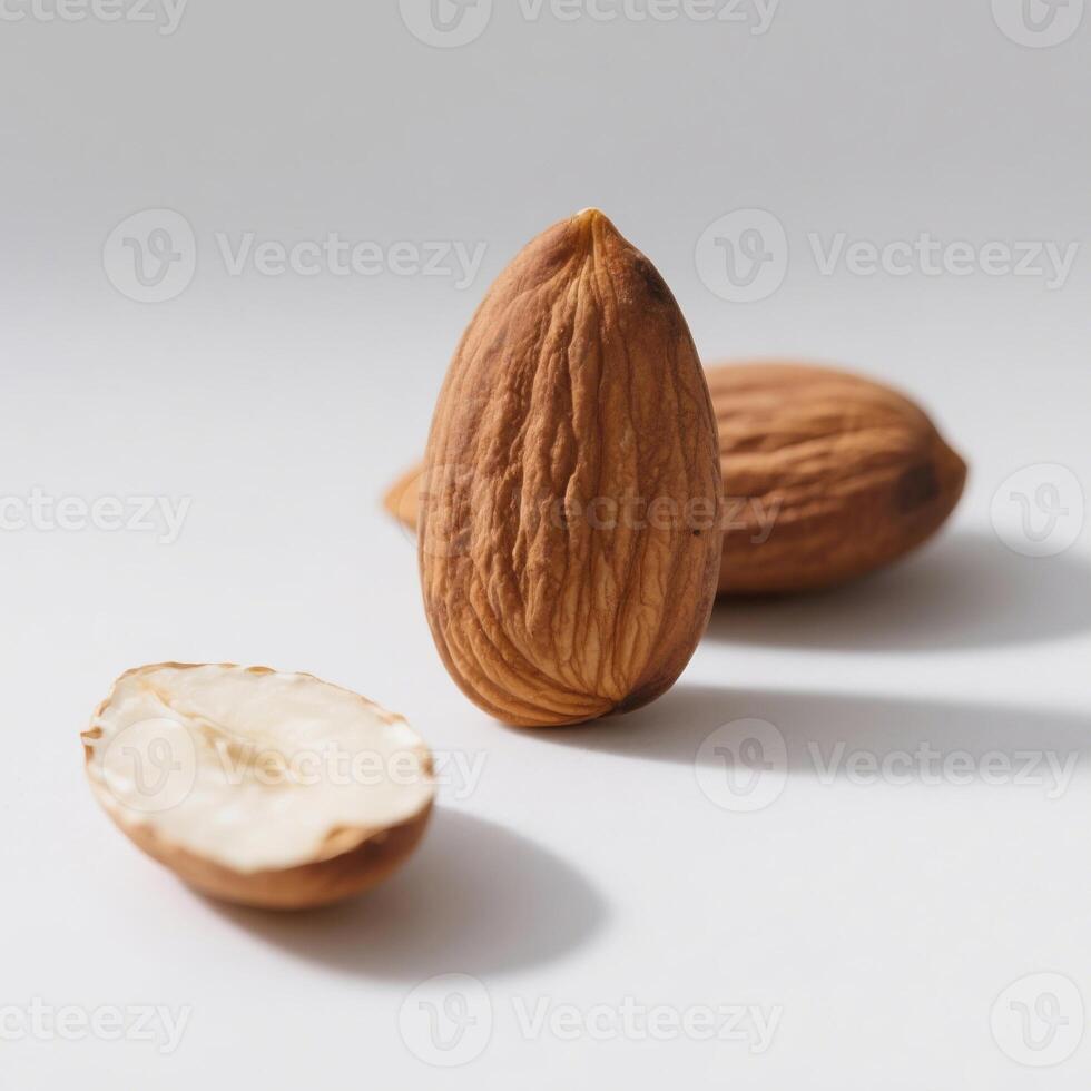 Whole And Halved Almonds Arranged Neatly On A White Background photo