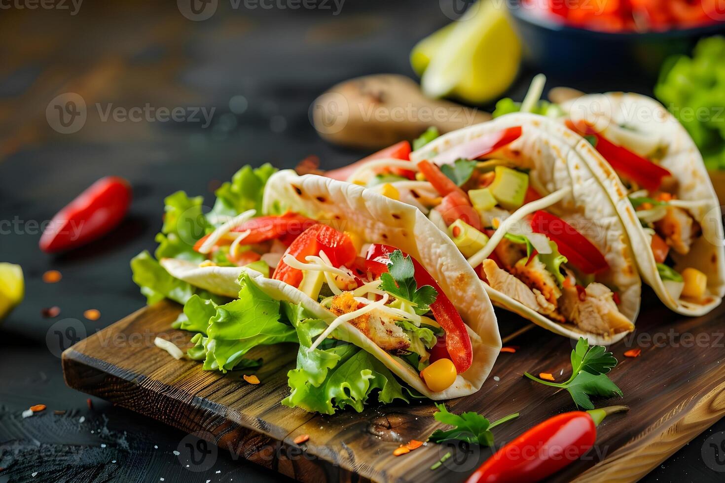 Delicious Chicken Tacos Recipe A Step-by-Step Guide to Making Flavorful, Zesty Chicken Tacos with Corn, Cheese, Tomatoes, and Lettuce on a Wooden Board. Simple Taco Tuesday Dinner Idea. photo