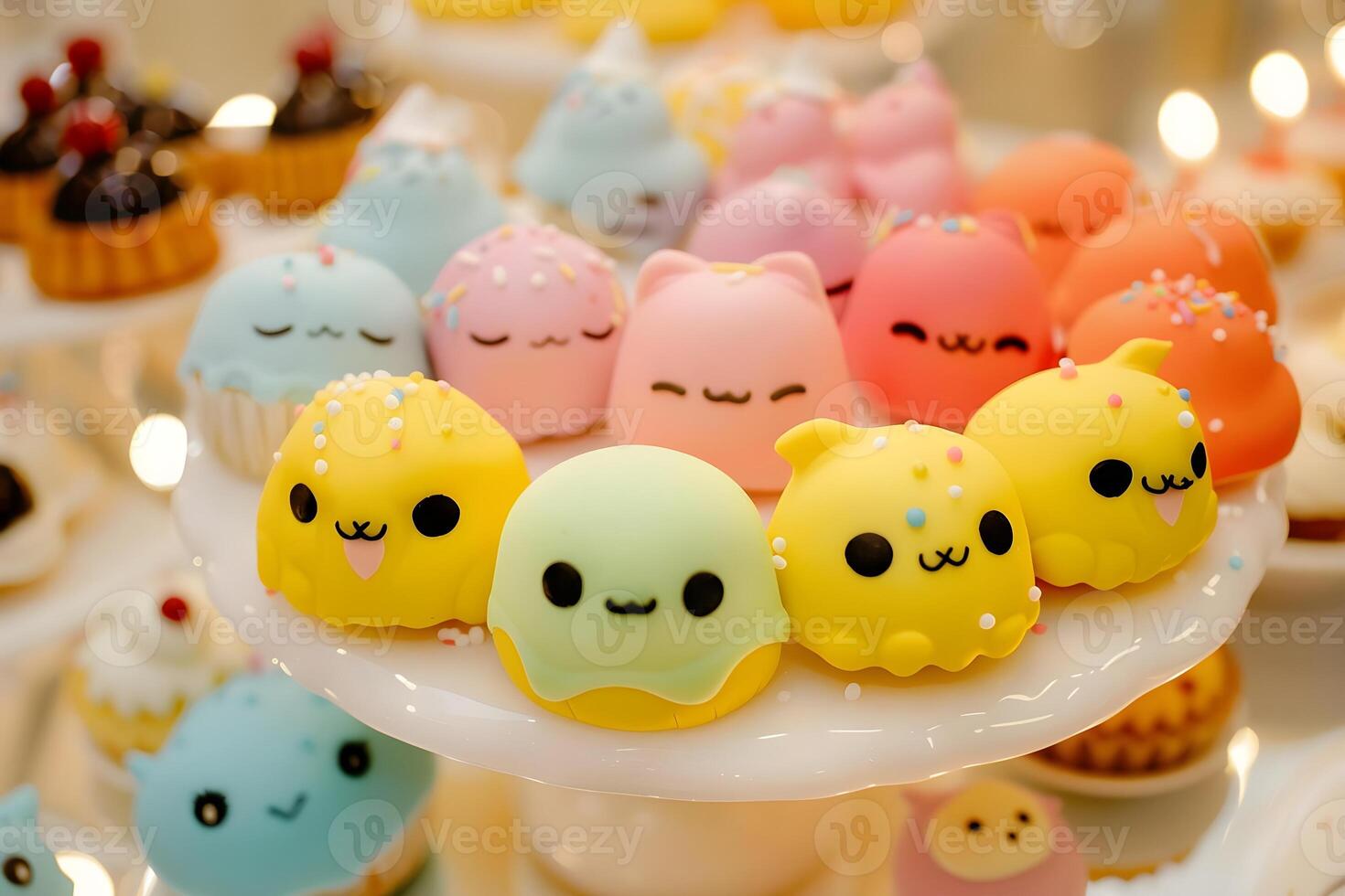 Adorable Pastel-Colored Cartoon Creature Cupcakes Delightfully Displayed on a Tiered Stand with Sprinkles, Showcasing Whimsical Designs and Sweet Treats, A Festive Collection of Miniature Cakes. photo
