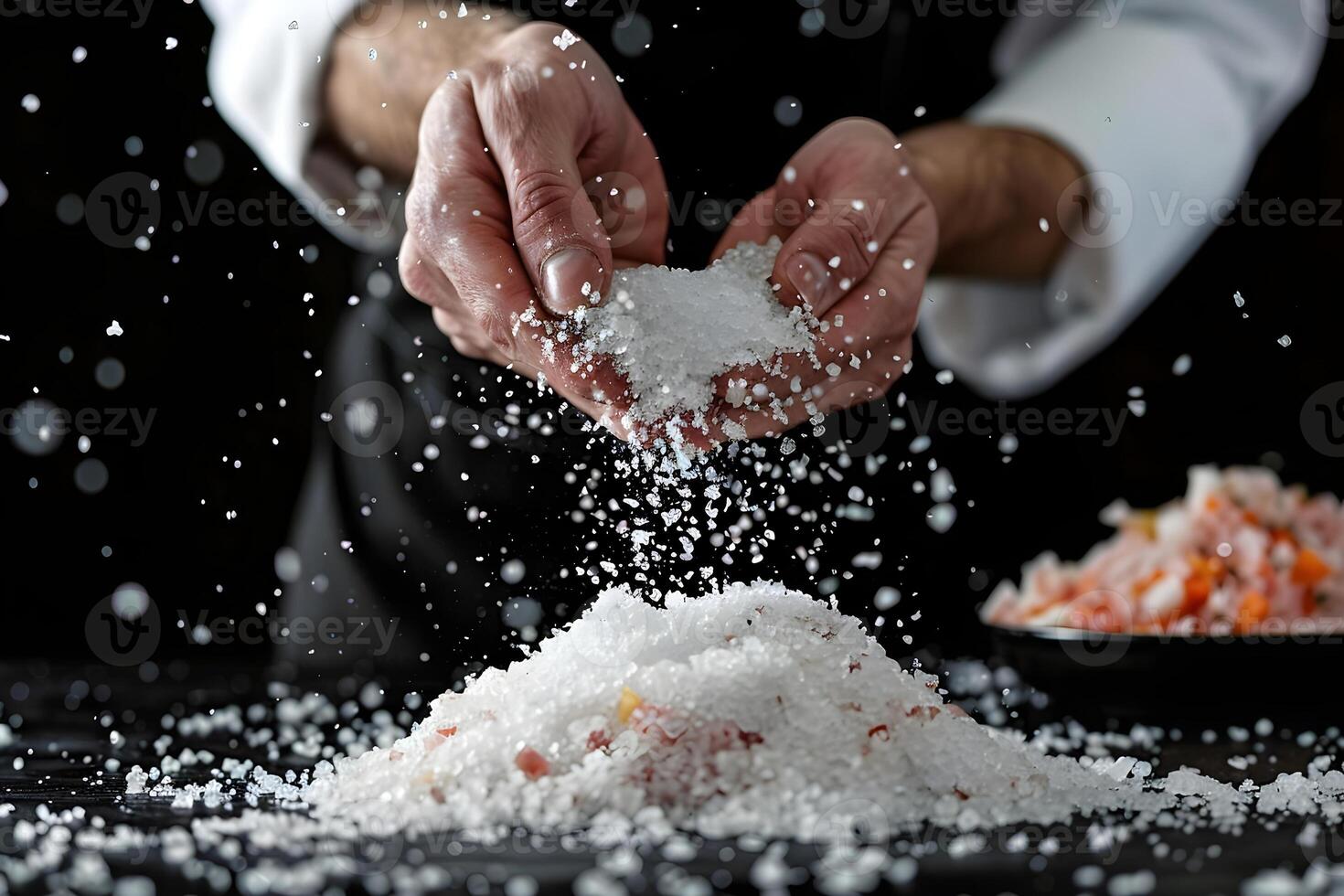 A Chef's Hands Gracefully Sprinkle Coarse Salt Crystals onto Seasoning Blend, Creating a Textured Culinary Masterpiece. The Salt Cascades Down, a Visually Stunning Gastronomic Experience. photo