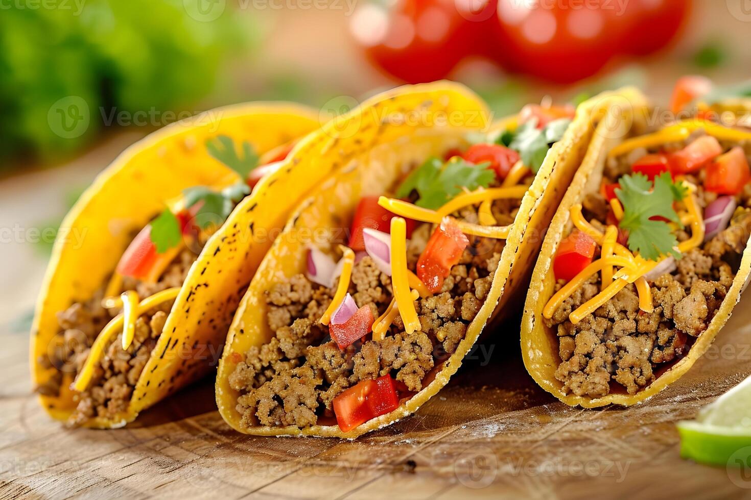 Savory Ground Beef Tacos Recipe A Delicious Meal Featuring Crunchy Shells, Seasoned Ground Beef, Melted Cheese, and Fresh Tomatoes, Onions, and Cilantro. Perfect for Taco Tuesday photo