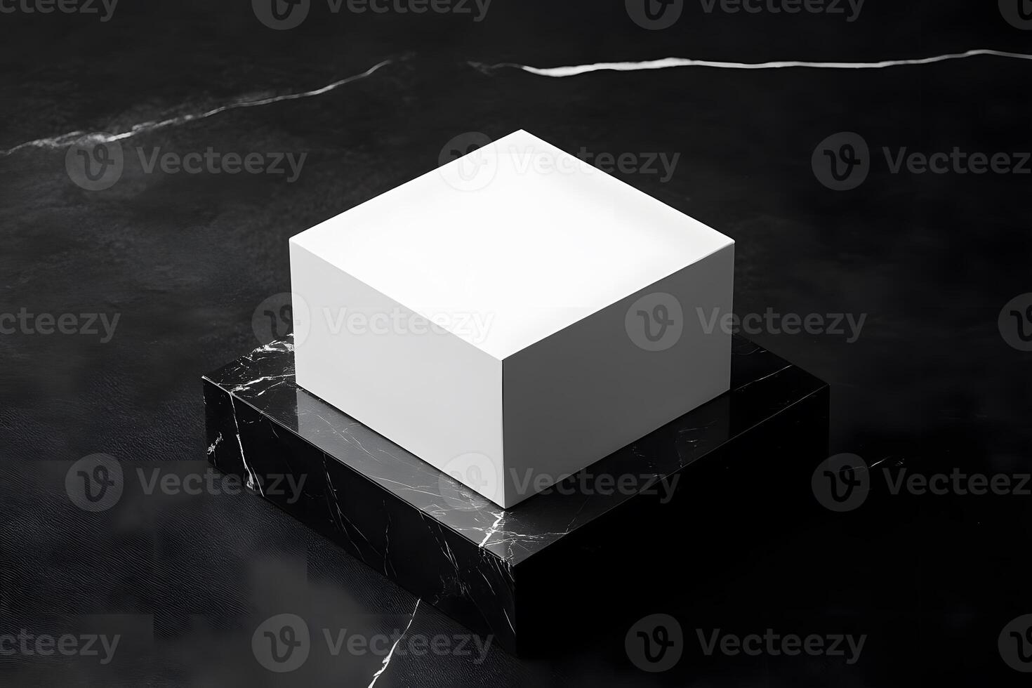 Modern Cube Rests on Black Marble Base, Creating a Striking Minimalist Display for Product Showcase or Artistic Composition. Elegant Design, Clean Lines, and Sophisticated Aesthetic. photo