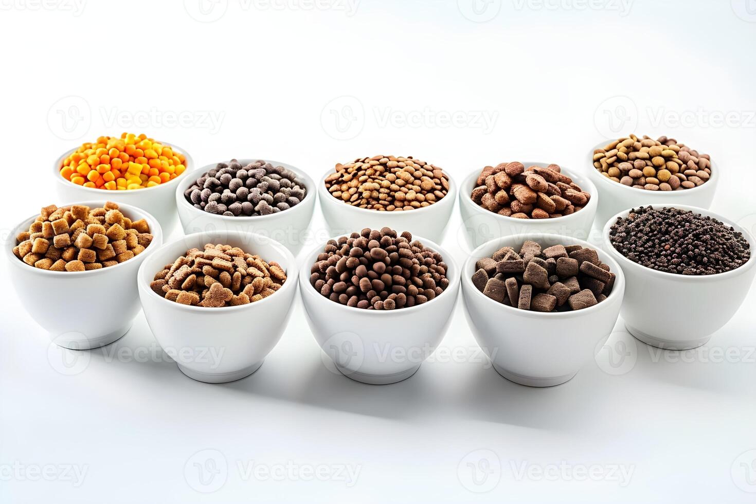 Colorful Cereal and Legume Varieties in Bowls A Diverse Collection of Breakfast Options and Healthy Snacks, Showcasing Various Shapes and Textures for Nutritional Variety. photo