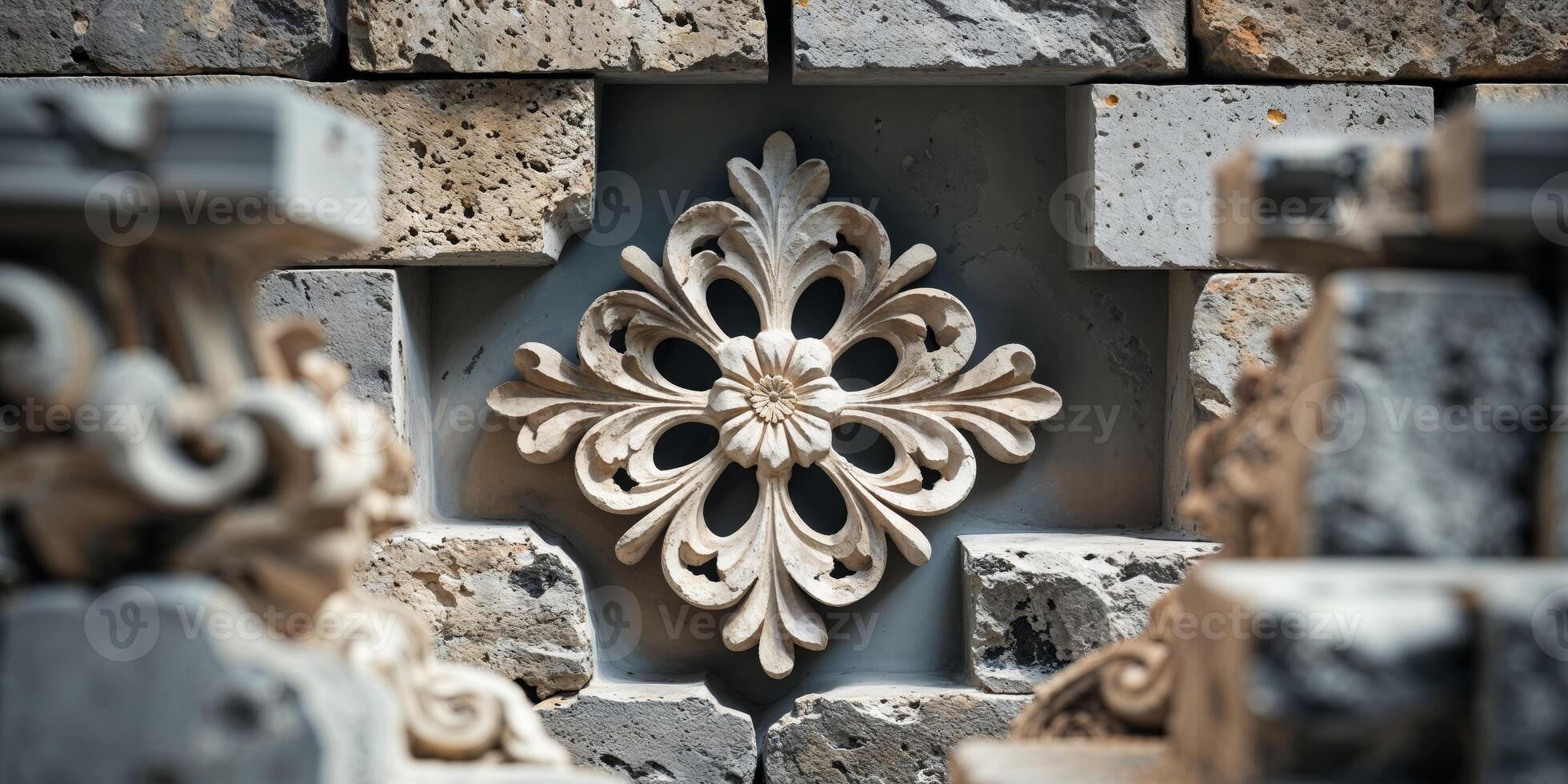 A decorative stone wall with a flower on it photo