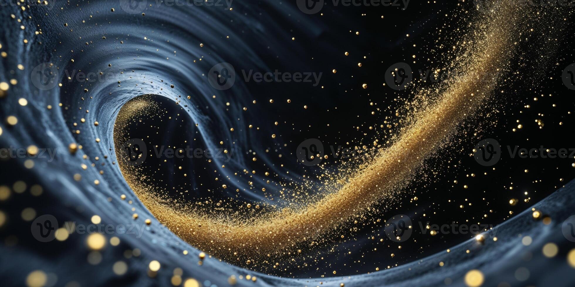 Golden particles swirling in a beam of light on a dark background photo