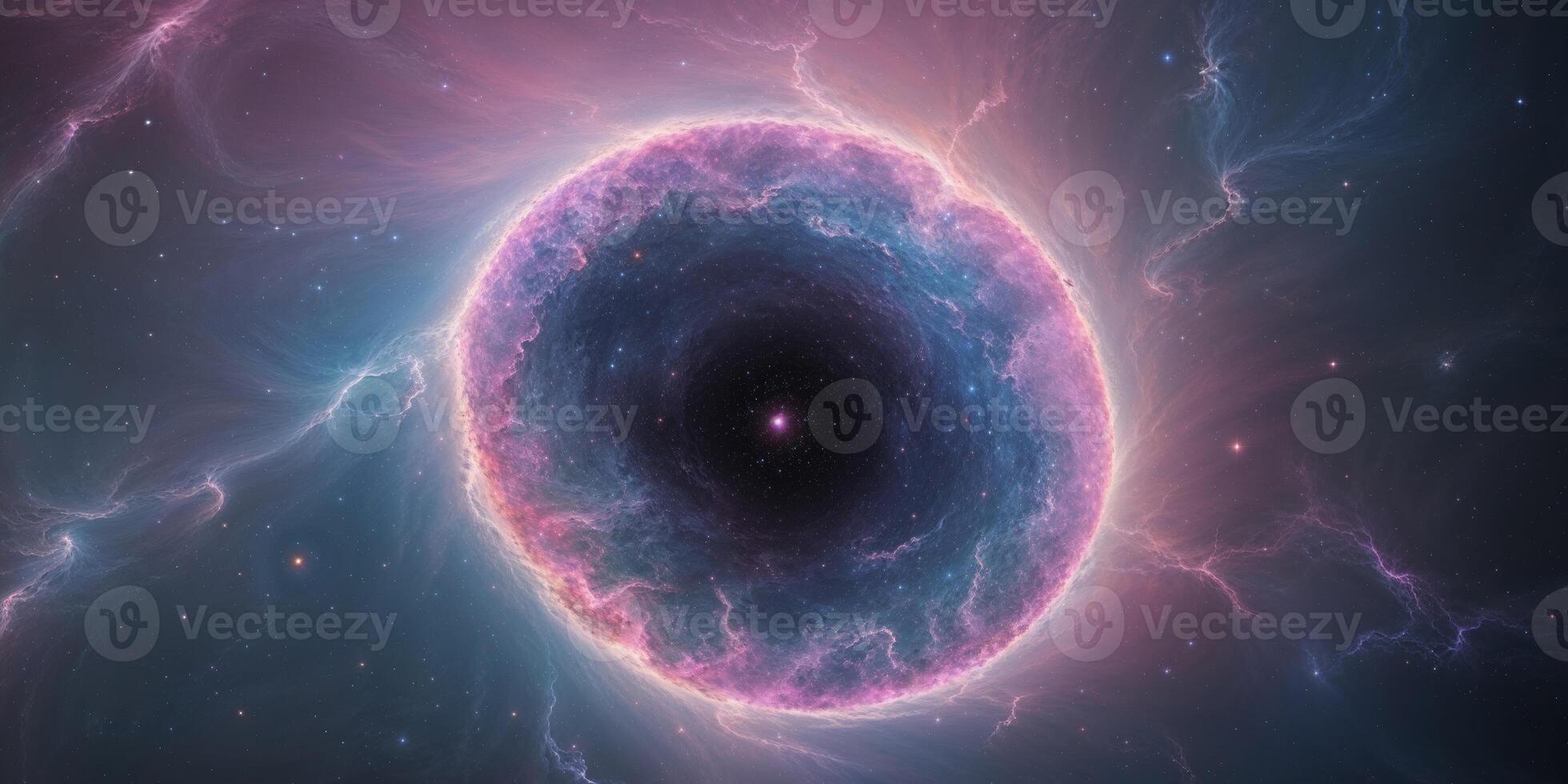 nebula of colorful stardust forms glowing ring around area of dark space like cosmic eye photo