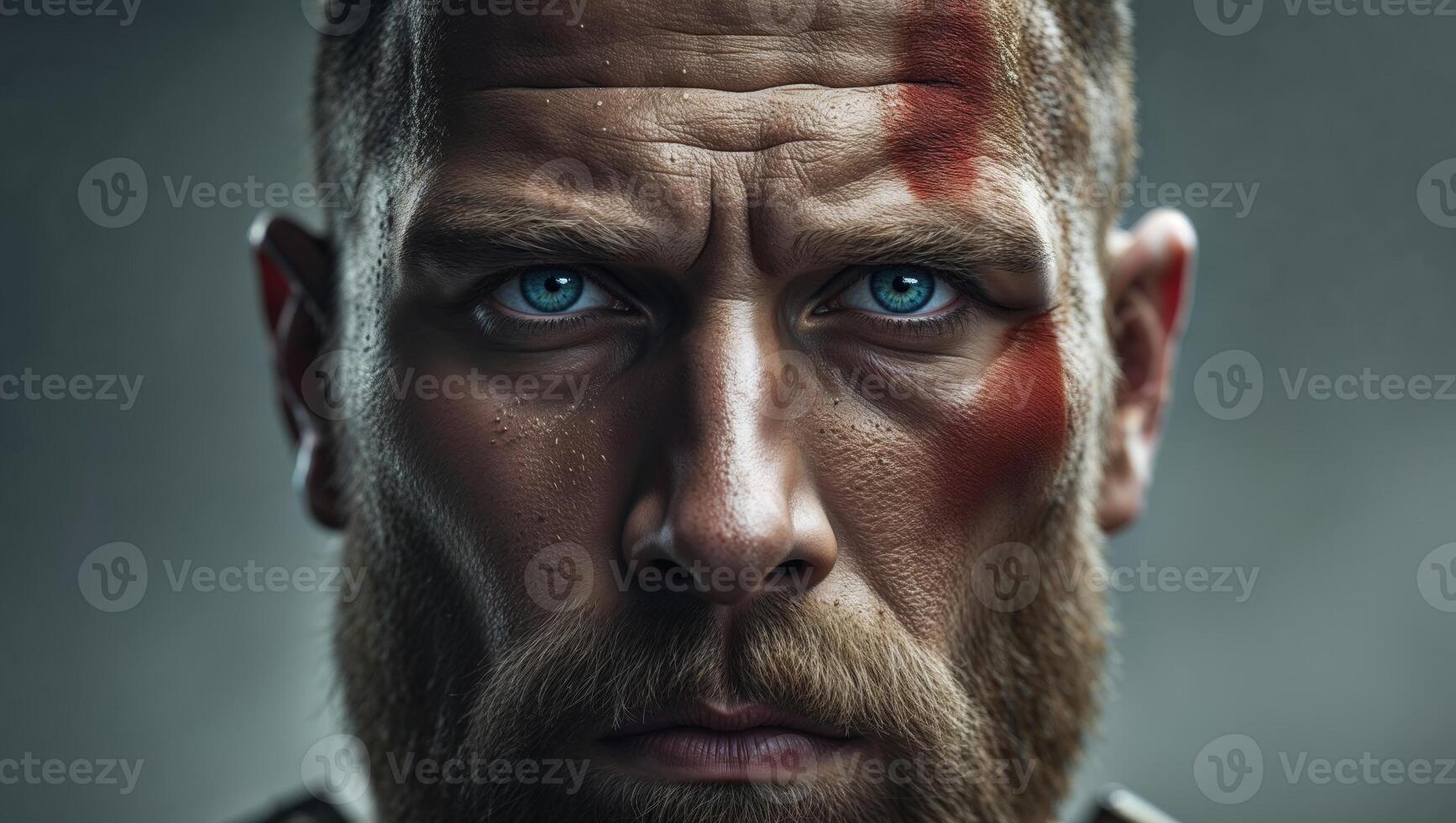 Viking warrior with intense gaze and red mark photo