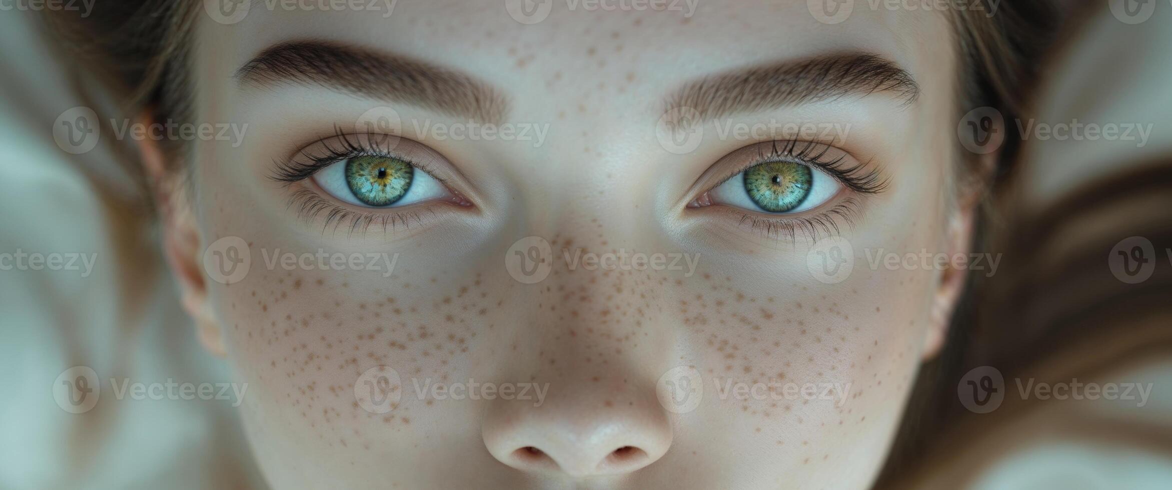 Beautiful model with freckles showing perfect skin and green eyes. photo