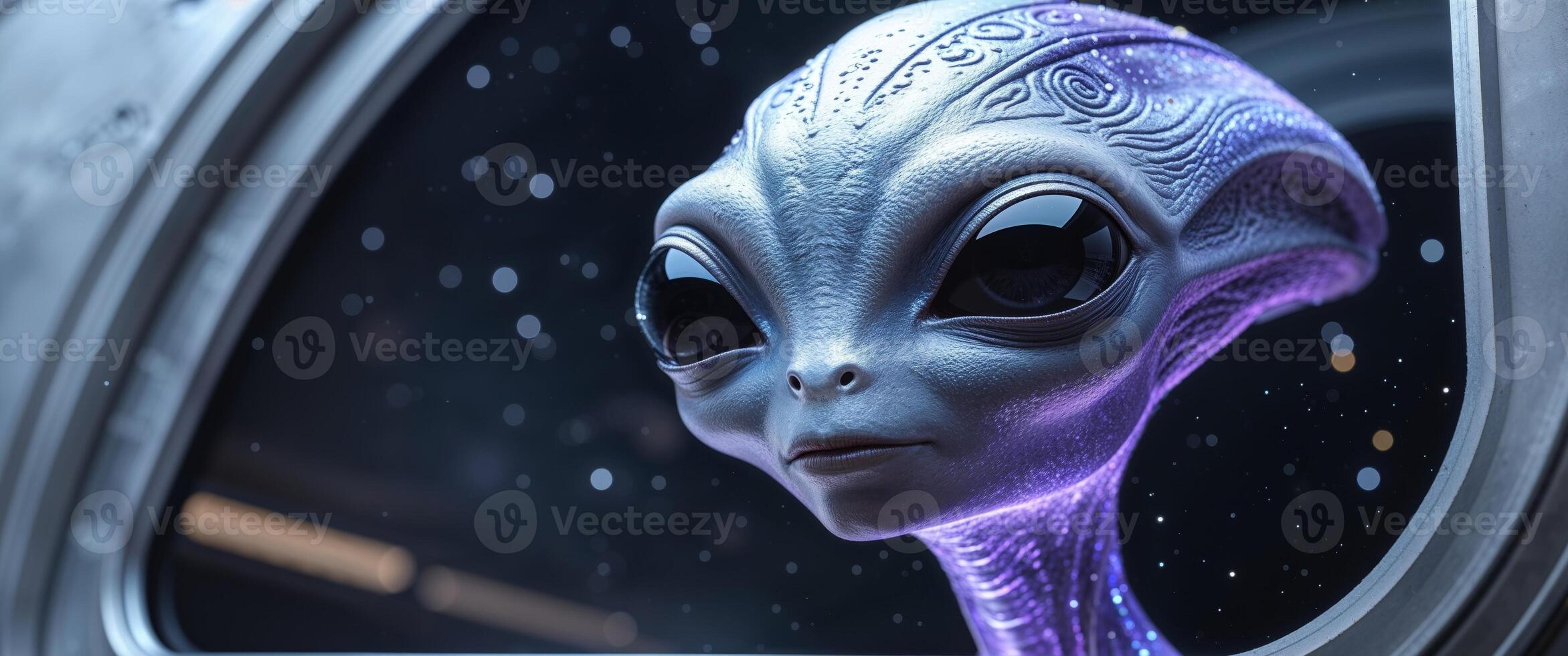 Alien creature observing through spacecraft window. photo