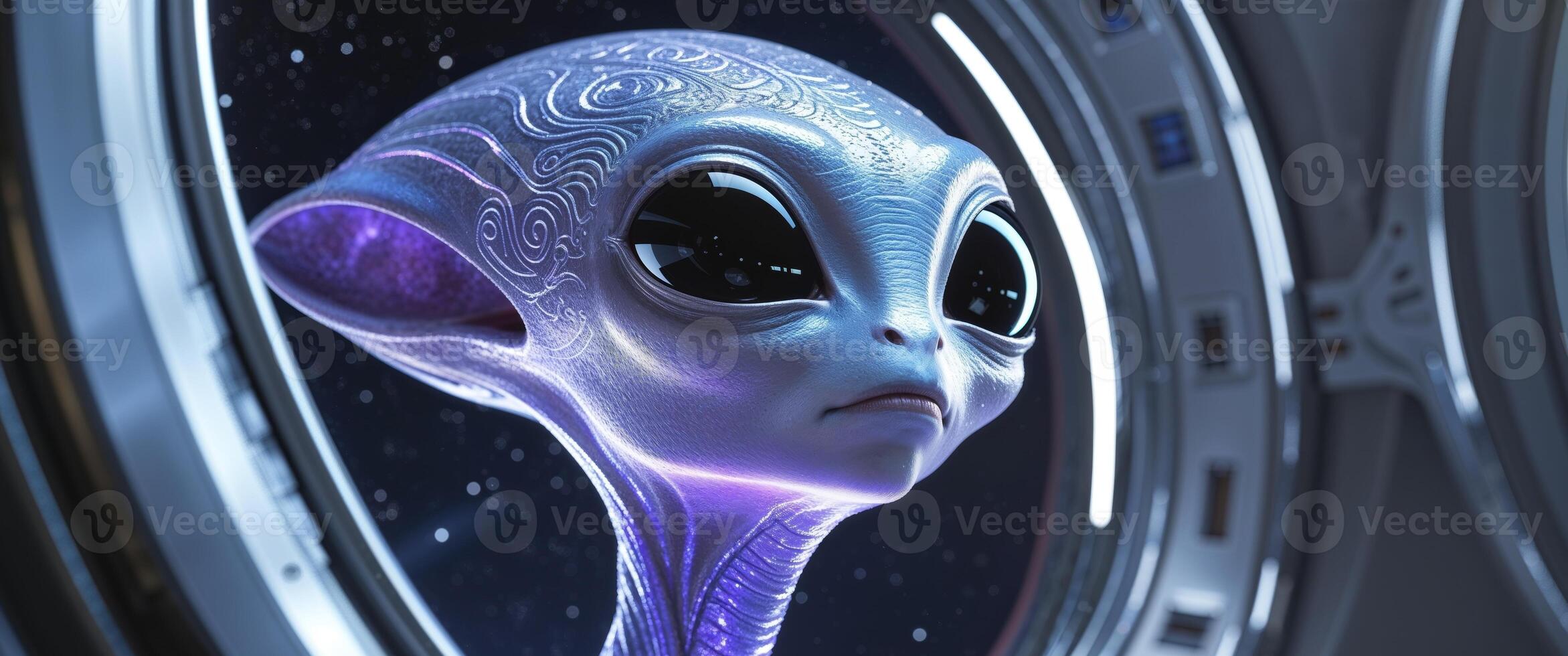 Alien creature observing through spacecraft window photo